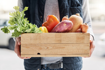 Grocery delivery, courier and hands of man with retail sales product, food shopping or vegetables...