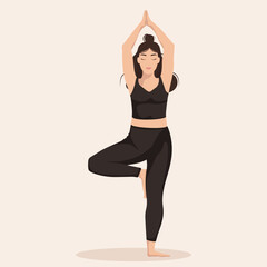 Young woman perfoming yoga exercises and demonstrating  yoga asana  on light background. Flat vector illustration.