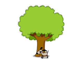 Cartoon dog peeing on a green tree in the front yard