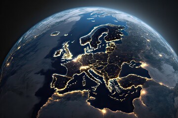 Europe at night seen from space. Photo generative AI.