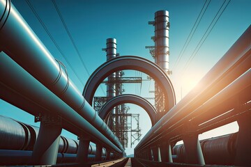 Naklejka premium Industrial pipelines against blue sky. Photo generative AI.