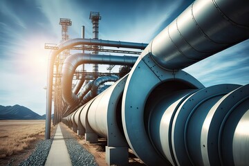 Industrial pipelines against blue sky. Photo generative AI.