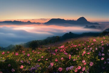 Fototapeta na wymiar Sunrise on Doi Luang Chiang Dao Mountain with fog and blooming flowers garden at Chiang rai, Thailand. Generative AI