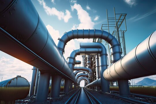 Industrial pipelines against blue sky. Photo generative AI.