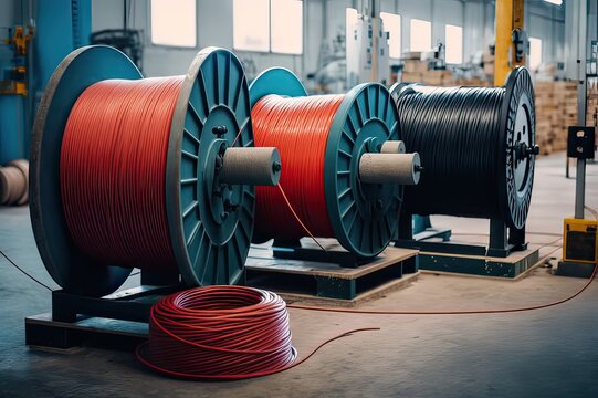 Large cable spools in factory warehouse. Photo generative AI.