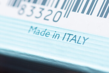 Made in Italy inscription on paper box of perfume. Manufacturing perfumes in Italy concept