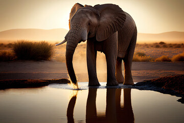 Elephant at sunset, standing at the edge of a watering hole. Generative AI