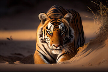 Portrait of a tiger, ready to spring forward in chasing of its prey. Generative AI