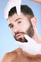 Face, plastic surgery and hands check man for laser, botox implant or beauty clinic. Skincare...