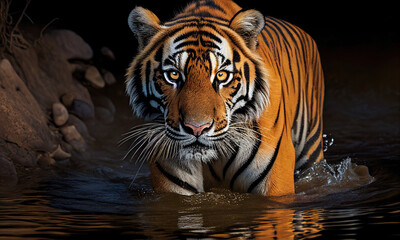 Bengal tiger with a bright orange coat that shimmers in the sunlight. Generative AI