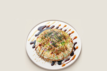 A Plate of Delicious Okonomiyaki With Soy Sauce in White Background