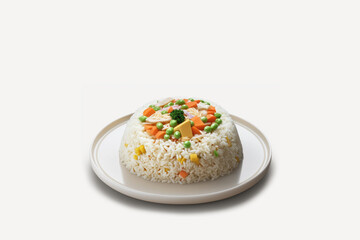 A Plate of Japanese Fried Rice with vegetables in White Background