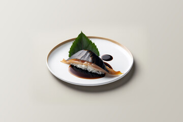 A Plate of Sushi With Green Leaf in White Background