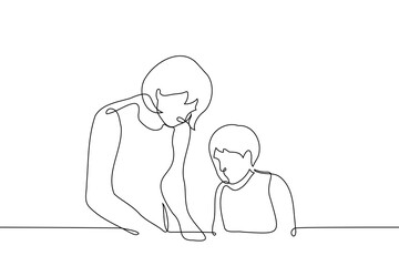 adult woman does something with her hands and the child watches - one line drawing of a mother or teacher teaches a child to needlework or something else