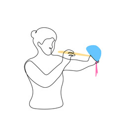 woman scraping pink icing or cream from a deep plate - one line drawing. concept cooking a cake or other dish
