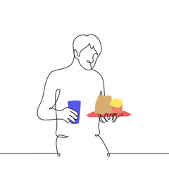 man carries a drink and fast food on a tray of burger and french fries - one line drawing. concept fast food restaurant