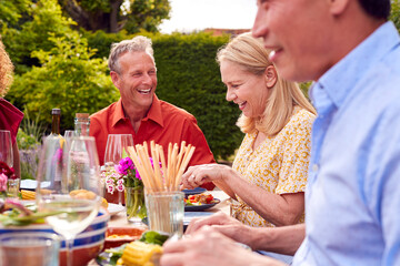 Group Of Mature Friends Talking Around Table At Summer Dinner Party In Garden At Home