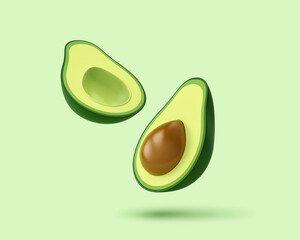 Avocado halves flying over green background. Clipping path included