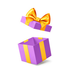 Purple open gift box with yellow ribbon and bow isolated on white. Clipping path included