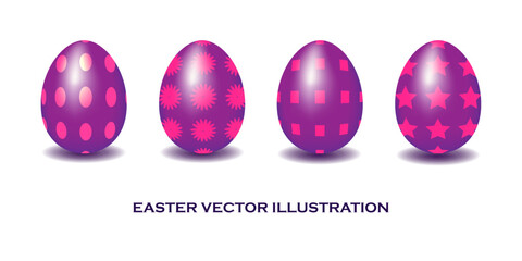 Easter eggs vector set. Colorful 3d eggs in festive prints for easter holiday egg hunt realistic decoration. Vector illustration.