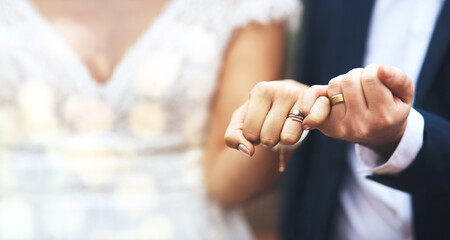 Hands, groom and bride with wedding rings in pinky promise for commitment, swear or vow on mockup....