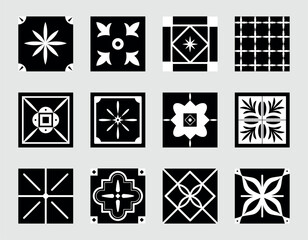 Set of isolated vector square black and white tiles with mediterranean traditional pattern.