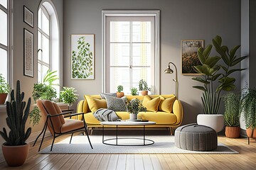 modern living room interior, bright and airy colors, vibrant theme, green space