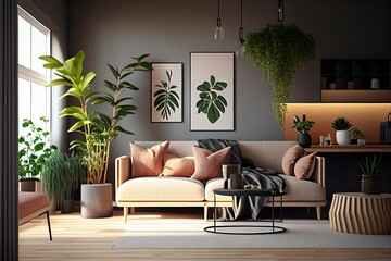 modern living room interior, neutral colours, chic and elegant design, green space, (Generative AI)