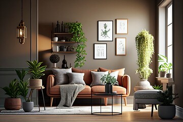 modern living room interior, neutral colours, chic and elegant design, green space, Generative AI