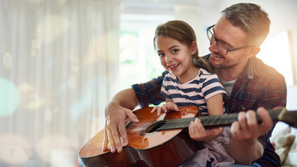 Guitar lesson, girl portrait and musician father at home ready for music teaching and development....