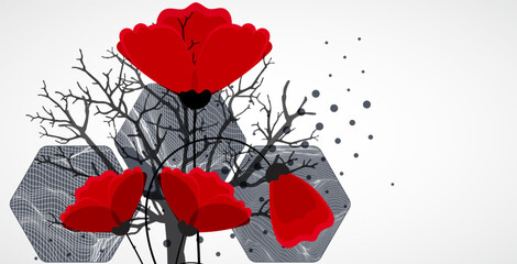 Art concept. Abstract mountains forms with Silhouette of a tree and red poppy flowers.