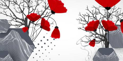 Art concept. Abstract mountains forms with Silhouette of a tree and red poppy flowers.