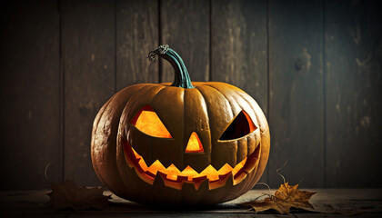 Obraz premium Pumpkins, lanterns, candles in a spooky night - Halloween background. Generative AI