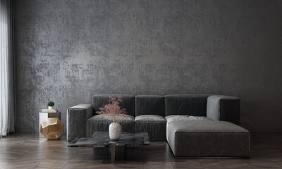 Modern dark living room and empty wall texture background interior design / 3D rendering
