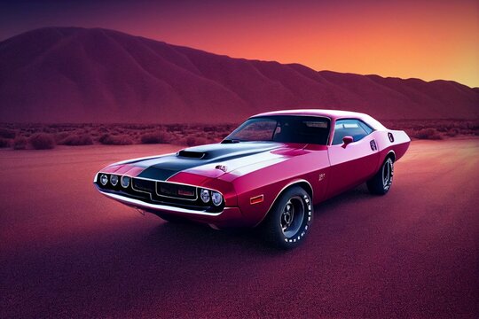 dodge challenger 1970, muscle car in the desert at sunset background, auto industry classic. Generative AI
