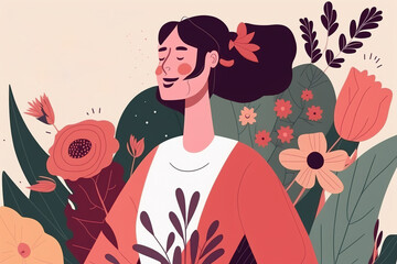 Illustration of a young woman surrounded by flowers, the concept of spring and women's day. Generative ai