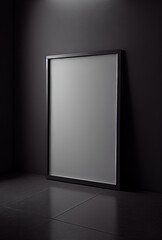 Empty black frame mockup on empty black wall, dark atmosphere. Generative AI.