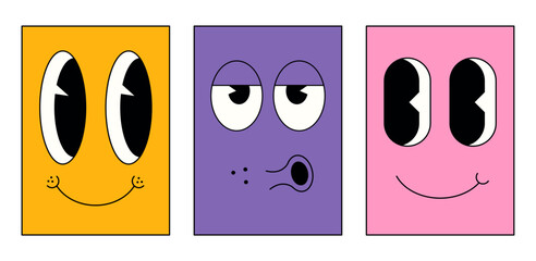 Collection of groovy posters 70s. Different face cover. Vintage prints face. Bright hippie characters. Placard for print.