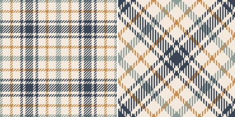 Check plaid pattern in grey blue, orange brown, beige. Seamless classic textured small tartan for dress, jacket, skirt, scarf, flannel shirt, other modern spring summer autumn winter textile print.