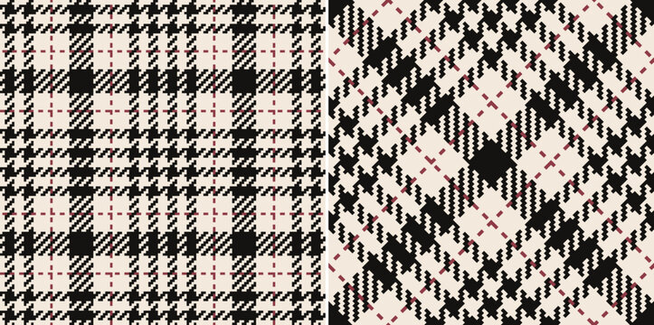 Abstract plaid pattern tweed in black, red, off white for dress, jacket, coat, skirt, scarf. Seamless small pixel goose foot tartan graphic set for modern spring autumn winter fashion textile design.
