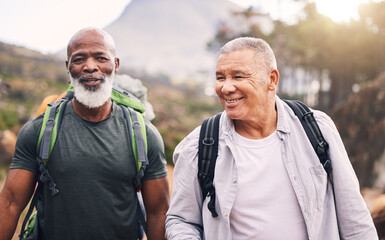 Hiking, happy and travel with old men on mountain for fitness, trekking and backpacking adventure. Explorer, discovery and expedition with friends mountaineering for health, retirement and journey
