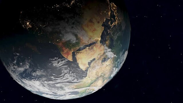 Saudi Arabia and Africa from space on rotating globe, 3D render in vertical