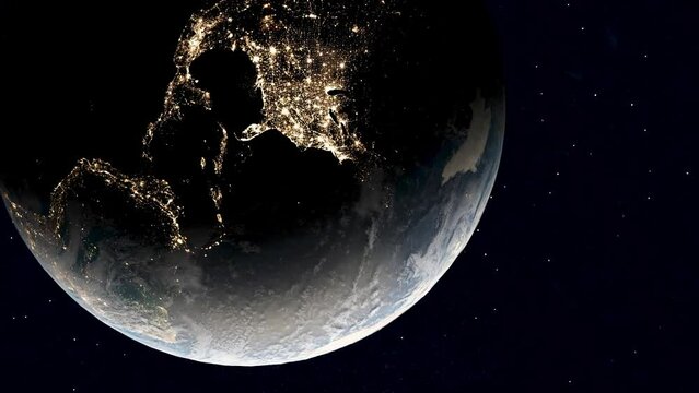 City lights at night in USA viewed from space in 3d digital render, vertical