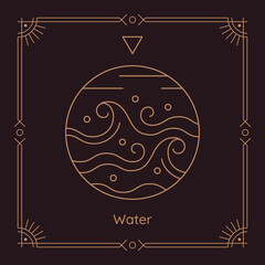 Water symbol of nature, one of four elements. Golden sacred magic sign, alchemy, cosmology, philosophy symbol thin line vector illustration - obrazy, fototapety, plakaty