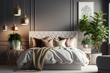 modern bedroom interior design, with bed, modern decor, neutral color wall, green space and wall lighting, hotel inspired, (Generative AI)