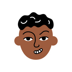 Angry boy avatar. Upset African American schoolboy in bad mood. Boy face portrait with emotional facial expression hand drawn doodle sketch vector illustration isolated on white