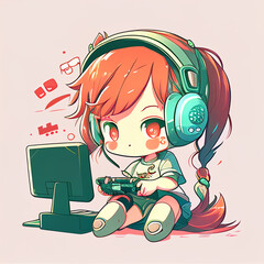 Chibi gamer girl cute kawaii gamer girl illustration  icon graphic