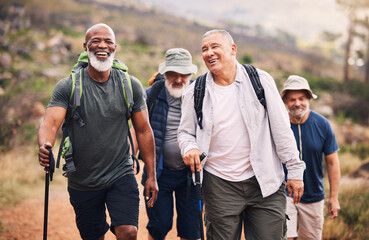 Fototapeta Hiking, smile and group of old men on mountain for fitness, trekking and backpacking adventure. Explorer, discovery and expedition with senior friends walking for health, retirement and journey obraz