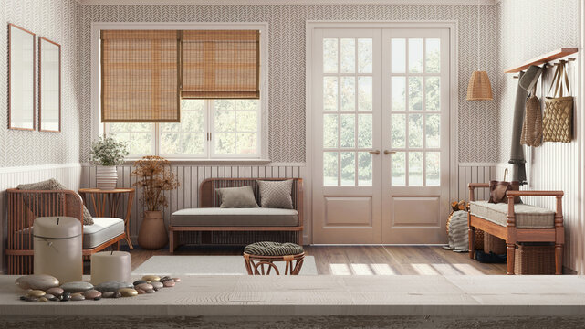 Wooden vintage table top or shelf with candles and pebbles, zen mood, over farmhouse living room, rattan furniture, wallpaper, modern architecture interior design