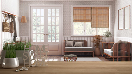 Wooden table, desk or shelf with potted grass plant, house keys and 3D letters home sweet home, over scandinavian living room, architecture interior design, copy space background